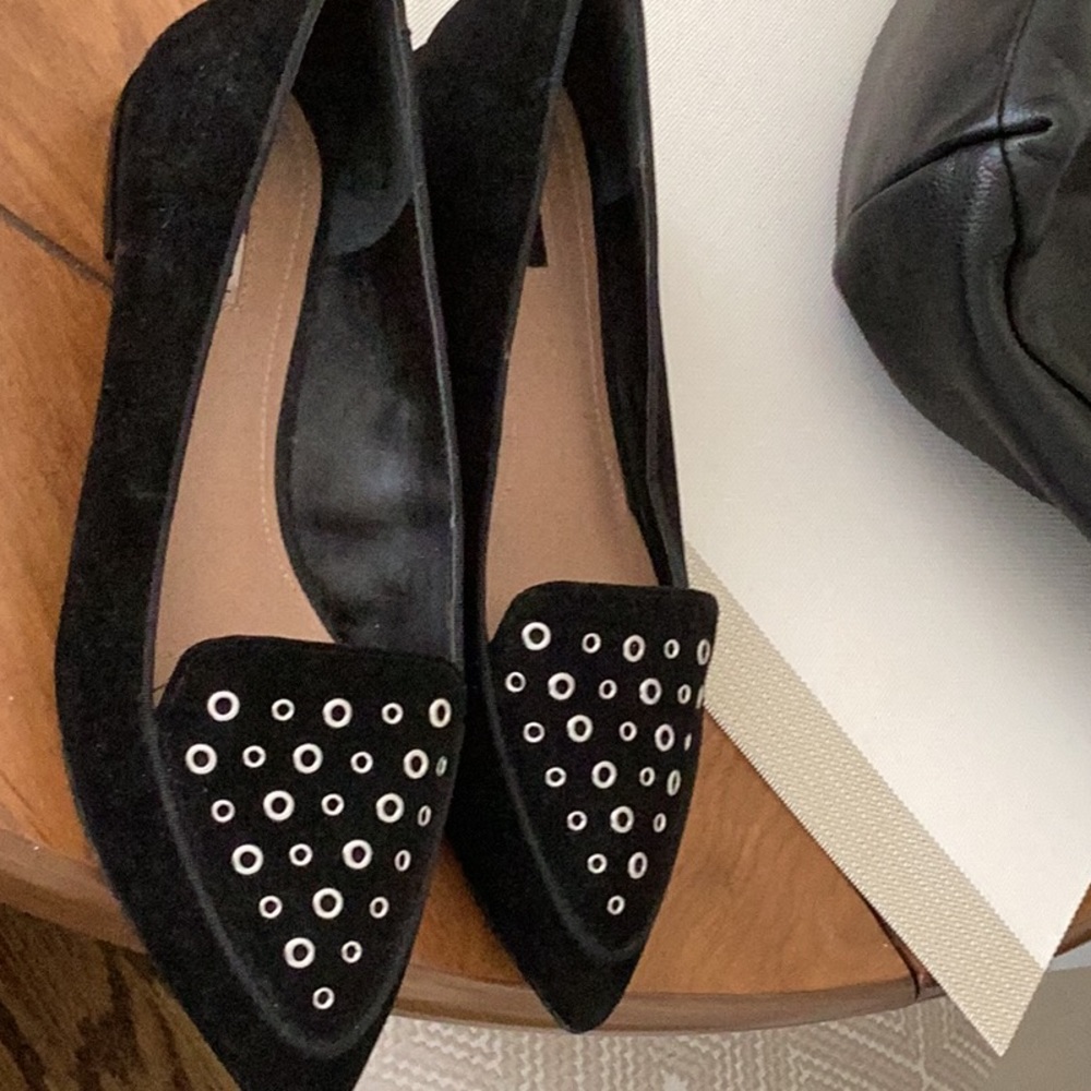 Tahari  black suede flats with silver rivets